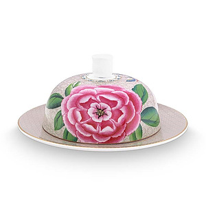 Butter Dish Round blushing birds khaki