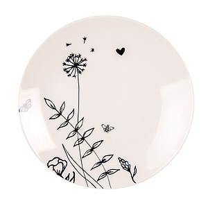 Ontbijtbord beige met zwarte bloemen