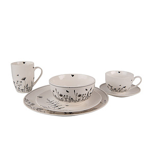 Ontbijtbord beige met zwarte bloemen