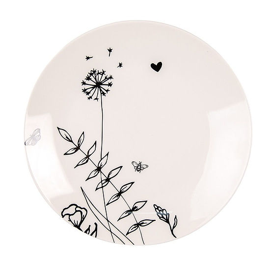 Ontbijtbord beige met zwarte bloemen 1