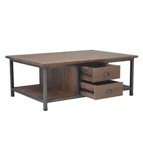Teak Industriele Salontafel met 2 laden 2