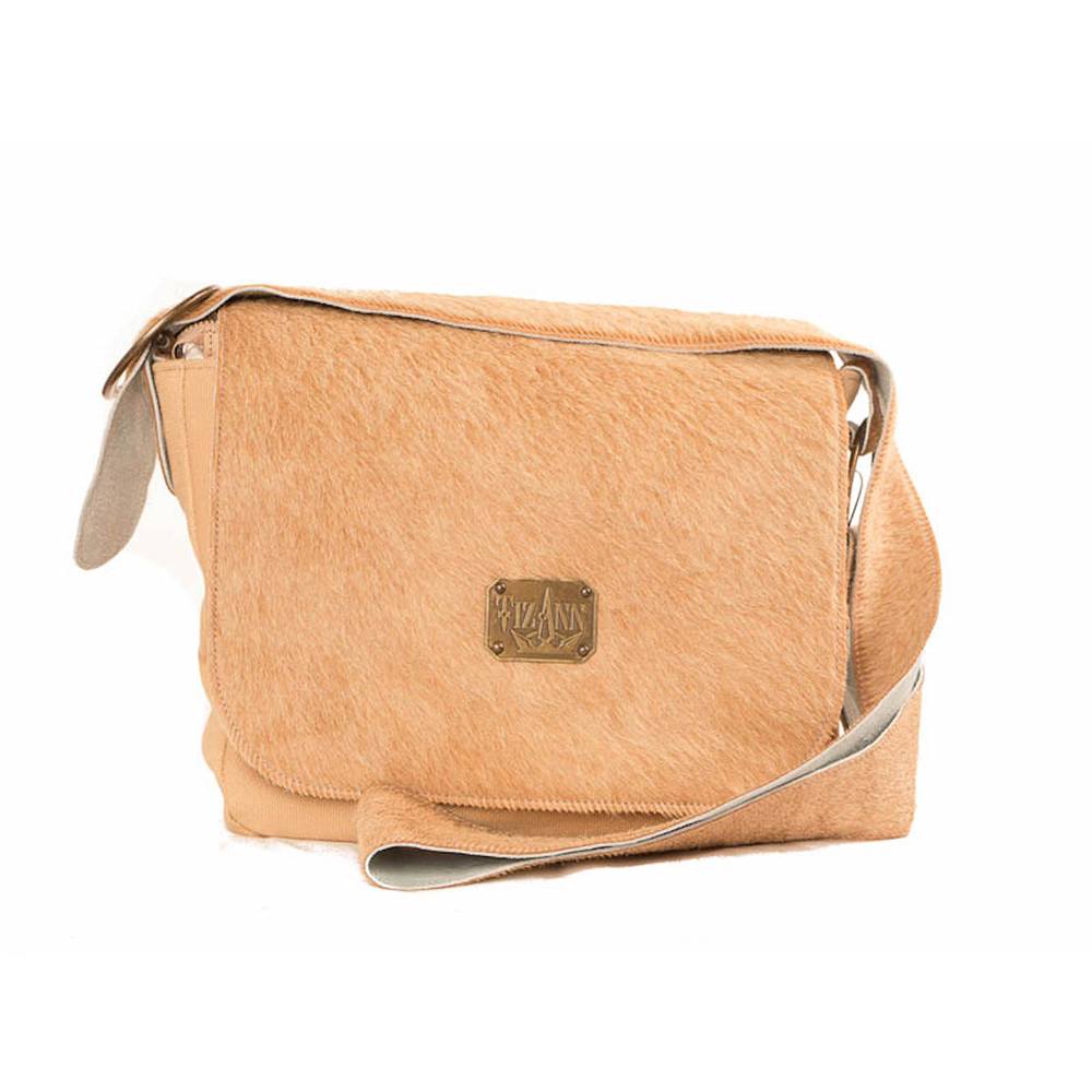 Schoudertas canvas, koehuid, zand